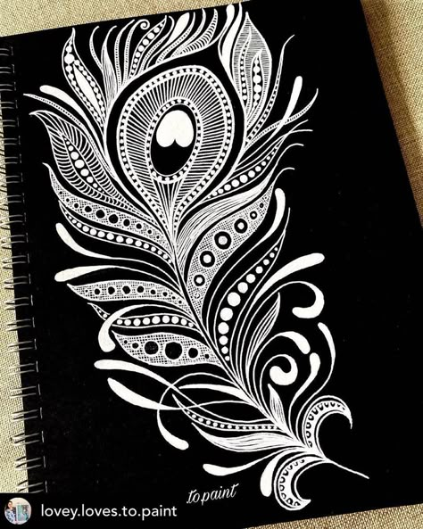 Mandala Peacock Feather, White Pen Art On Black Paper, Art In Black Paper, Mandala Art On Black Paper, Design On Black Paper, White Drawing On Black Paper, Sketches On Black Paper, Black Paper Art Ideas, Mandala On Black Paper