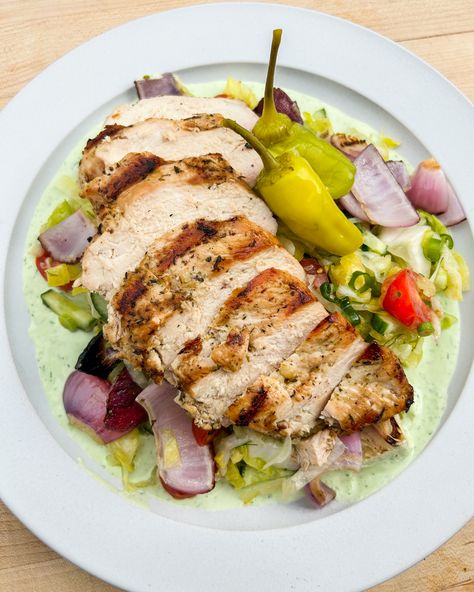 Garlic and Herb Whipped Feta with Grilled Chicken Salad | PrimalGourmet Primal Gourmet, Pickled Hot Peppers, Feta Chicken, Big Bed, Grilled Eggplant, Whipped Feta, Primal Kitchen, Fresh Salad, Grilled Onions