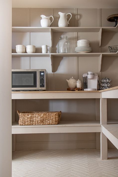 Kitchen-Aid-microwave #Kitchenaid #Microwave #pantrygoals #pantry #butlerspantry Microwave On Pantry Shelf, Pantry Appliance Shelf, Taupe Pantry, Microwave In Pantry, Kitchenaid Microwave, Fixer Upper Home, Kitchen Aid Appliances, Taupe Walls, Pantry Shelves