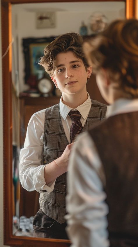 Stylish Mirror Reflection: A young individual fixes their tie while looking at their reflection in a bedroom mirror. #mirror #reflection #style #fashion #elegance #aiart #aiphoto #stockcake ⬇️ Download and 📝 Prompt 👉 https://ayr.app/l/MS34 Someone Looking In The Mirror, Mirror Pose Reference, Mirror Pose, Stylish Mirror, Mirror Reflection, Bedroom Mirror, Mirror Mirror, Art References, Creative Words