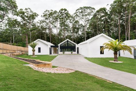 A New White Pitched-Roof Home by RG Design Studio | Houzz AU Surfmist Roof, Beautiful Powder Rooms, Zinc Roof, Timber Frame House, Modern Coastal Home, House Colours, House Facade, Barn Style House, Modern Barn