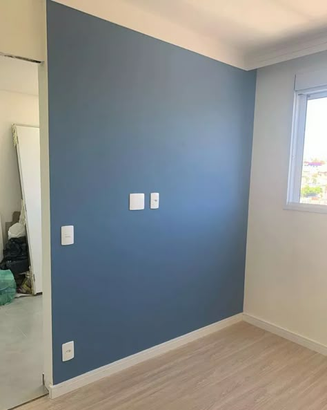 Sherwin Williams Leisure Blue SW 6515 accent wall Cadet Blue Sherwin Williams, Sherwin Williams Secure Blue, Sherwin Williams Leisure Blue, Revel Blue Sherwin Williams, Sporty Blue Sherwin Williams, Leisure Blue Sherwin Williams, Luxe Blue Sherwin Williams, Blue Wall Painting Ideas, Blue Wall Interior