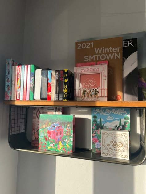 Red Velvet Collection Shelf, Kpop Albums Shelf Aesthetic, Red Velvet Album Unboxing, Kpop Album Room Decor, Red Velvet Room Decor Kpop, Kpop Album Bookshelf, Kpop Corner Room, Kpop Album Shelf Aesthetic, Kpop Display Ideas