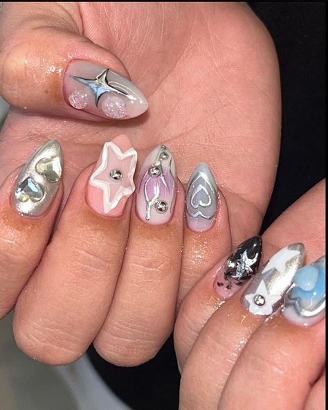 3d Star Nails, Shooting Star Nails, Sky Blue Nails, Nails Y2k, Star Nail Art, Punk Nails, Korean Nails, Short Square Nails, Cute Acrylic Nail Designs