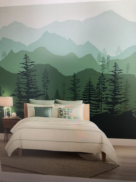 Mountain Boys Room, Mountain Mural Kids Room, Lodge Nursery, Forest Green Bedrooms, Airbnb Studio, Boys Bedroom Green, Blue Girls Rooms, Green Boys Room, Adventure Bedroom