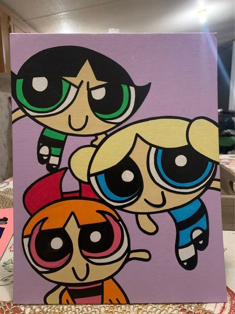 Powerpuff Canvas Painting, Paintings Of Cartoons, Cool Cartoon Paintings Easy, Powerpuff Girls Painting, Aesthetic Cartoon Painting Easy, Painting Ideas Cartoon, Cartoon Painting Ideas On Canvas, Girls Painting, Disney Canvas Art