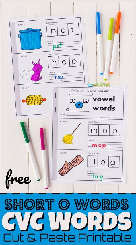 Help kids practice short o words with this free printable cvc short o worksheets. Children will have fun as they cut and paste with short o words and turn the pages into a cute booklet. This short o words for first grade, pre-k, and kindergarten helps kids practice sounding out and spelling short vowel words. Simply print short o worksheets and you are ready to practice reading short o words. Short O Worksheets, Consonant Blends Games, Short O Words, Middle Sounds Worksheet, Free Phonics Activities, Cvc Phonics, Rhyming Words Worksheets, Writing Alphabet, Middle Sounds