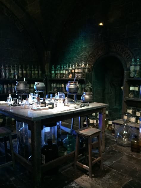 Potions classroom Harry Potter Class Aesthetic, Hogwarts Potions Classroom, Potion Class Harry Potter, Potions Classroom Aesthetic, Potions Classroom Harry Potter, Harry Potter Potions Classroom, Potion Room Aesthetic, Hogwarts Classroom Aesthetic, Slytherin Classroom