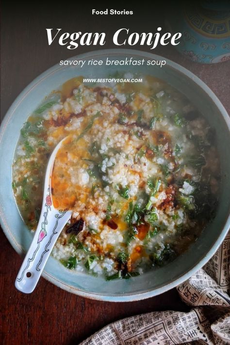 Get the full recipe for delicious Vegan Congee (a savory rice breakfast soup otherwise known as "jook") by Christine Wong of Conscious Cooking here. #bestofvegan #vegancongee Vegan Korean Breakfast, Savory Porridge Recipes, Vegan Korean Soup, Congee Toppings, Buddhist Recipes, Winter Vegan Recipes, Vegan Congee, Congee Recipes, Healthy Savory Breakfast