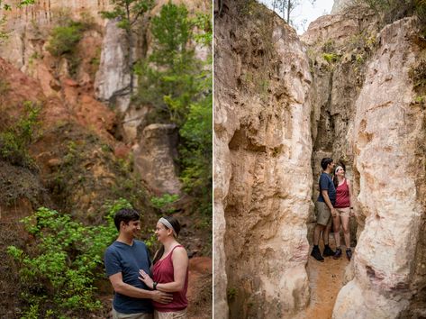 Engaged couple hugs in Providence Canyon during engagement photos at Georgia State Park Casual Engagement Photos Outfits, Providence Canyon, Casual Engagement Photos, Georgia State Parks, Creative Engagement Photo, Candid Engagement Photos, Unique Engagement Photos, Mountain Engagement Photos, Outdoor Engagement Photos