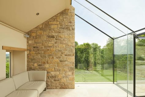 Structural glass box to this old farmhouse in Yorkshire. The glass box was designed to so it split the old farmhouse in half and create a striking feature to the property. Asymmetrical Roof, Glass Box Extension, Glass Farmhouse, Cottage Extension, Garden Room Extensions, Old Stone Houses, Glass Extension, Room Extensions, Glass Room