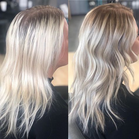 We took Brookes grown out platinum blonde and added a warm root  melt for a much softer look ... follow for more daily pins Growing Out Platinum Hair, Grown Out Blonde Hair, Shadow Root Blonde, Root Blonde, Chi Hair, Root Melt, Reverse Balayage, Blonde Hair With Roots, Bright Blonde Hair