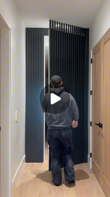 Justin Neufeld on Instagram: "Another day, another hidden door ☑️  As always, Sugatsune hinges swinging a door that weighs hundreds of pounds effortlessly. #hiddendoor #sugatsune #notsponsoredjustloveit #construction #carpentry #carpenter #slats #slatwall" Slat Wall Door Diy, Door Cladding Interiors, Hidden Beadboard Door, Hidden Slat Wall Door, Accent Wall Hidden Door, Hidden Slat Door, Slat Wall Hidden Door, Hidden Door Wall Panelling, Slatwall Ideas Home