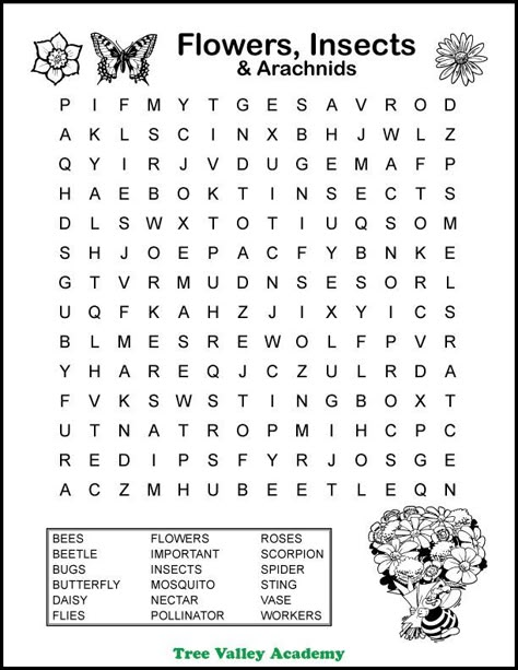 Free printable flowers, insects & arachnids themed word search puzzle for kids around a 4th grade spelling level. 18 hidden words for kids to circle and find. Pdf includes answer sheet.  #wordsearch #grade4 Grade 4 Activities Free Printable, 3rd Grade Word Search, Find A Word, Word Search Free Printable, Kids Puzzles, Find Words In Picture, Kids Puzzles Printable, 4th Grade Worksheets Free Printables, Word Puzzle