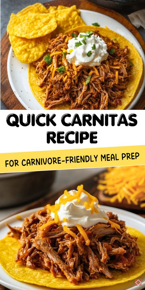 Craving something hearty and delicious? This easy carnitas recipe is perfect for carnivore meal prep! Juicy pork that’s slow-cooked to perfection offers bold flavors and plenty of protein. Whether you’re planning meals for the week or need a quick dinner idea, this dish is simple, satisfying, and ideal for any carnivore diet follower. Save this recipe for an easy go-to meal! Carnivore Diet Sauce Recipes, Carnivore Diet On A Budget, Carnivore Tacos, Carnivore Crock Pot Recipes, Carnivore Recipes Easy Dinners, Carnivore Meal Prep, Easy Carnivore Meals, Easy Carnitas, Carnivore Diet For Beginners