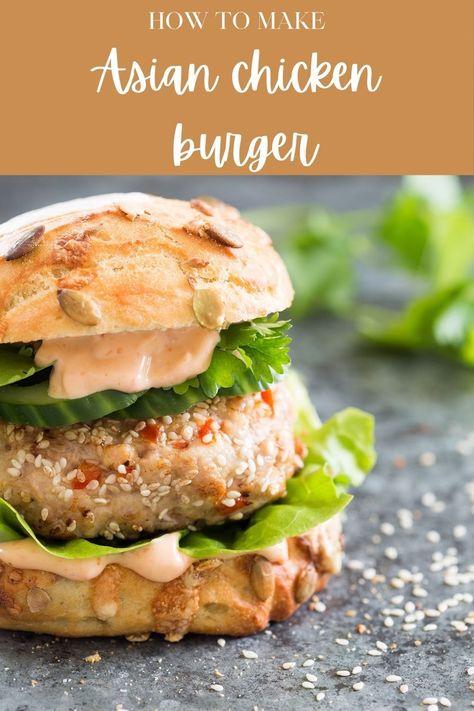 Super easy and tasty Asian style chicken burger with a spicy mayonnaise for serving. With a delicious sesame crust Asian Burger Recipe, Asian Burger, Asian Style Chicken, Chili Salad, Chicken Burger, Asian Chicken, Burger Recipe, Spicy Chili, Dinner Sides