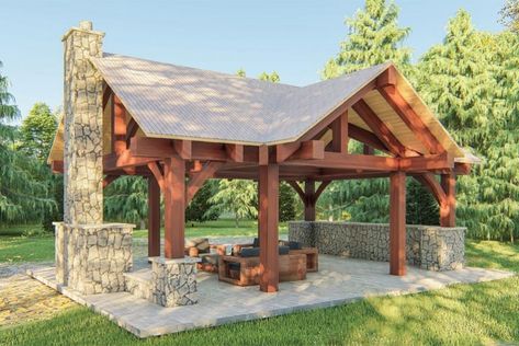 Escape to Your Backyard | Pickles Timber Frames Pavilion With Retaining Wall, Timber Frame Gazebo, Timber Pavilion, Timber Frame Pergola, Covered Backyard, Backyard Covered Patios, Covered Patios, Timber Frames, Building A Pergola