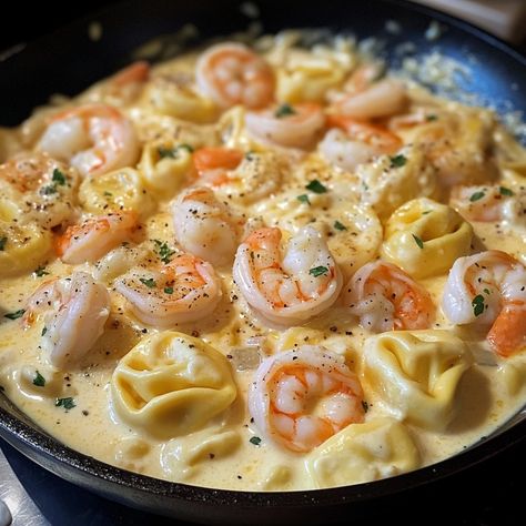 Cheesy Shrimp Tortellini Alfredo Skillet Creamy Shrimp Tortellini Alfredo, Shrimp Tortellini Soup, Shrimp And Ricotta Recipes, Creamy Shrimp Tortellini Recipes, Cajun Tortellini Alfredo, Shrimp Scampi Tortellini, Cheesy Shrimp Tortellini Alfredo Skillet, Easy Shrimp Tortellini Recipes, Shrimp And Tortellini Recipes Simple