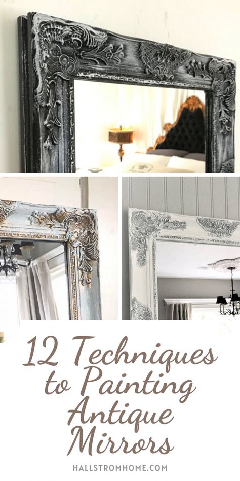 Painted Ornate Mirror, Painted Mirrors Ideas, Mirror Redo Diy, Ornate Mirror Makeover, Old Mirror Makeover Diy, Old Mirror Makeover, Old Mirror Ideas, Mirror Frame Painting Ideas, Refurbished Mirror