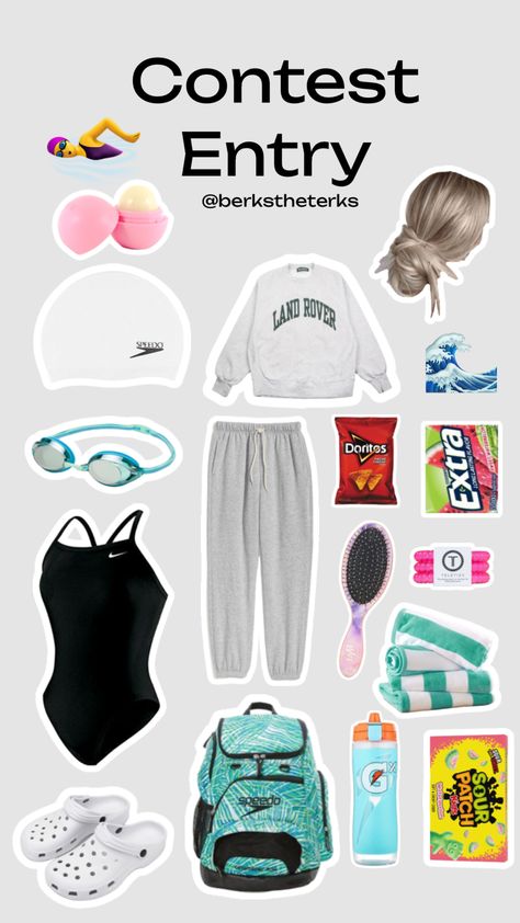 Contest entry @berkstheterks #sports #challenge #challengebyberk #contest Swimming Gear Accessories, Swim Meet Bag Essentials, What To Bring To A Swim Meet, Swim Practice Outfit, After Swimming Outfits, Swim Bag Essentials Competitive, Swimming Aesthetic Outfit, Swim Practice Aesthetic, Swimmer Bag