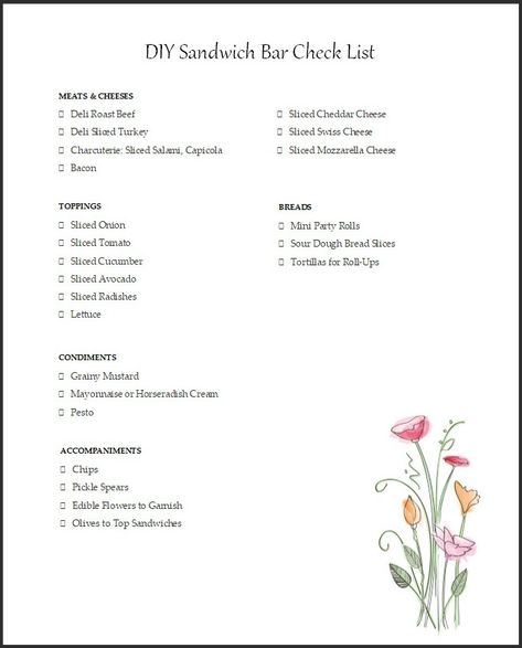 Get this free printable shopping checklist to host a DIY sandwich bar here. See lots of tips and ideas to host a sandwich buffet party and wine tasting. #sandwichbar #sandwichbuffet #diypartyideas Diy Sandwich, Sandwich Buffet, Spending Budget, Wine Tips, Shopping Checklist, Roast Beef Sandwich, Subway Sandwich, Sliced Salami, Buffet Party