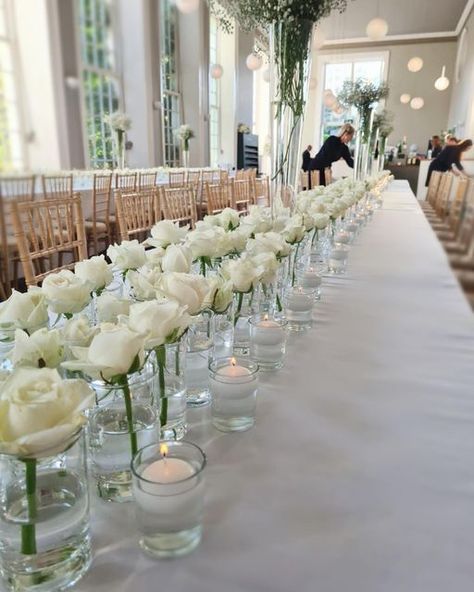 Yasmin - Devon Wedding Planner & Florist on Instagram: "Last snap of the Sullivan’s tablescaping decor to complete my grid of 3 and keep my OCD happy 🕊 ⠀⠀⠀⠀⠀⠀⠀⠀⠀ When the brief is “ALL WHITE EVERYTHING” 🤍 ⠀⠀⠀⠀⠀⠀⠀⠀⠀ Rows of roses and floating candles, giving minimalist but striking decor 🕯 ⠀⠀⠀⠀⠀⠀⠀⠀⠀ Planning, floral design & styling @the.v.v.group Venue @theorangerycafe ⠀⠀⠀⠀⠀⠀⠀⠀⠀ Huge thank you to @adornmentsbyrosheen for helping me make this vision come to life. Who knew that filling 450 glas White Minimalist Wedding, My Ocd, Devon Wedding, Minimalist Wedding Decor, White Roses Wedding, All White Wedding, Roses White, Contemporary Wedding, Floating Candles