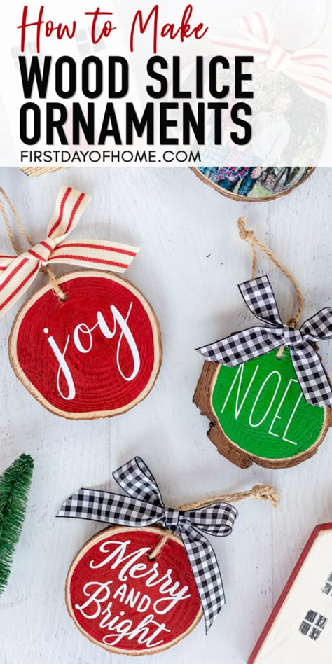 Learn how to make beautiful farmhouse wood slice ornaments two different ways, including photo image transfer and vinyl lettering with Cricut and Cameo. These DIY Christmas ornaments make the perfect stocking stuffer or teacher gifts for Christmas. #woodslicecrafts #christmasornaments #diychristmasdecorations #diydecor #farmhouse #firstdayofhome Diy Wood Round Ornament, Ideas With Wood Slices, Diy Wood Slice Ornaments, Christmas Ornaments Wood Slice, Ornaments Wood Slice, Christmas Cricut Projects, Ideas With Wood, Christmas Ornaments Wood, Christmas Crafts To Make And Sell