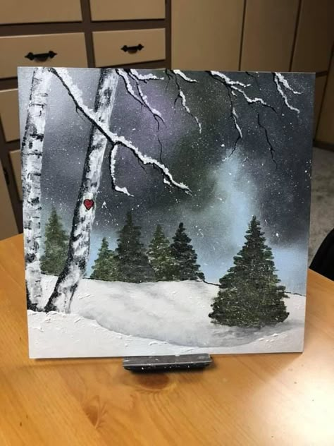 Acrylic Snow Painting, Diy Snowman Painting, Acrylic Winter Paintings, Easy Winter Paintings, Easy Winter Paintings For Beginners, Winter Landscape Painting Acrylic Easy, Snowy Trees Painting, Winter Painting Ideas Easy, Winter Paintings On Canvas Acrylics