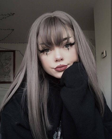 Black Hair With Grey Bangs, Ashy Blonde Hair With Bangs, Mushroom Brown Hair Color With Bangs, Silver Hair Bangs, Grey Hair Bangs, Dark Gray Hair Color, Silver Hair With Bangs, Medium Grey Hair, Gray Hair Bangs