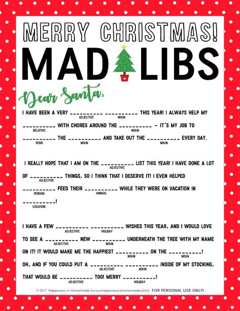 Christmas Mad Libs Printable – Happiness is Homemade Mad Libs Printable, Christmas Mad Libs, Fun Christmas Party Games, Happiness Is Homemade, Fun Christmas Games, Holiday Party Games, Mad Libs, Merry Christmas Images, Christmas School