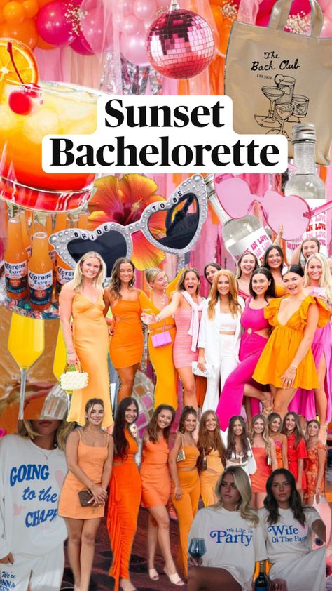 Theme for a sunset or sunrise bachelorette party! Inspo Brunch Ideas For Bachelorette Party, Colour Bachelorette Party, Carnival Bachelorette Party, Sunset Night Bachelorette, Summer Theme Bachelorette Party, Bacholerette Outfit Theme, Bachelorette Party Outfit Themes Fun, Burnt Orange Bachelorette Party, Pink And Orange Bachelorette Party Theme