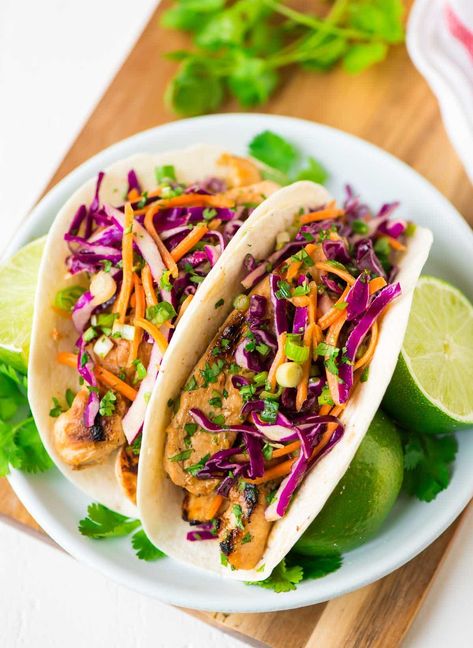 Crunchy Asian Slaw, Slaw For Tacos, Asian Tacos, Fusion Tacos, Well Plated, Grilled Chicken Tacos, Cheap Clean Eating, Asian Slaw, Ginger Chicken