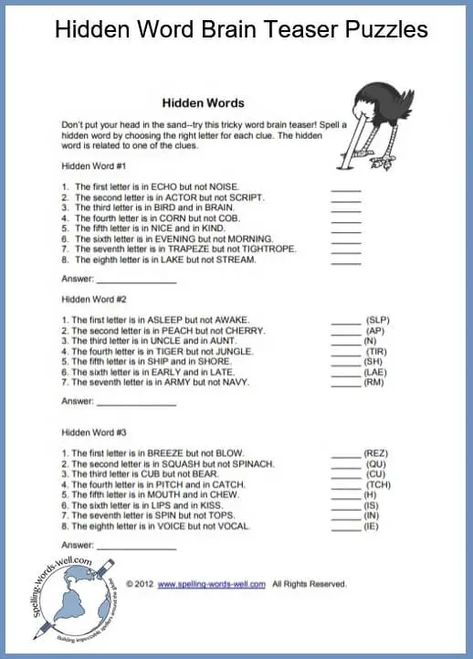 These hidden word brain teaser puzzles are fun and challenging to solve! For example, you'll need to choose a letter that's in ACTOR but not in SCRIPT. If you choose correctly every time, you'll eventually spell three mystery words. We have lots more #wordbrain teasers, too, at #spellingwordswell. Word Games For Adults, Memory Games For Seniors, Word Puzzles Brain Teasers, Word Brain Teasers, Fun Puzzles Brain Teasers, Printable Brain Teasers, Brain Games For Adults, Mystery Word, Brain Teasers For Kids