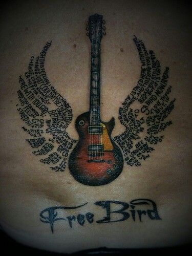 #freebird #lynyrdskynyrd #tattoo Lynyrd Skynyrd Tattoo, Free Bird Tattoo, Wings Ideas, Songbird Tattoo, Tattoo Music, Tattoo Bird, Lyric Tattoos, Guitar Tattoo, Trendy Tattoo