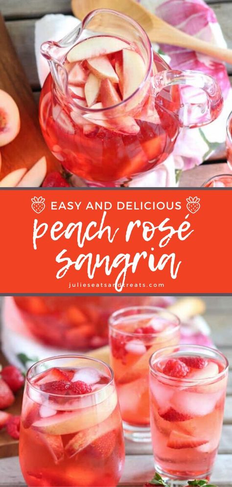 This Peach Sangria is a summer sangria made of Rosé, peach juice, peach liqueur, white peaches, and berries. It's so easy to make and ready in minutes. Summer Sangria Recipes Rose, Rose Sangria Recipes Summer, Cold Dishes Summer, Birthday Sangria, Peach Rose Sangria, Rosé Sangria, White Peach Sangria, Sangria Drink, White Peaches