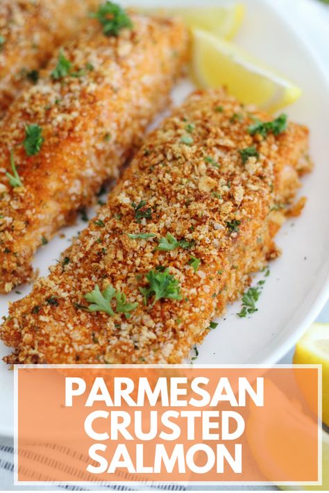 Parmesan Crusted Salmon is super delicious and easy to make! A simple yet satisfying seafood dish. Parmasean Crusted Salmon Recipes, Salmon Recipes Panko Crusted, Park Crusted Salmon, Salmon Recipes Parmesan Crusted, Parmesan Crusted Salmon Oven Baked, Parmesan Crusted Salmon Air Fryer, Breadcrumb Salmon, Salmon Parmesan Crusted, Parm Crusted Salmon