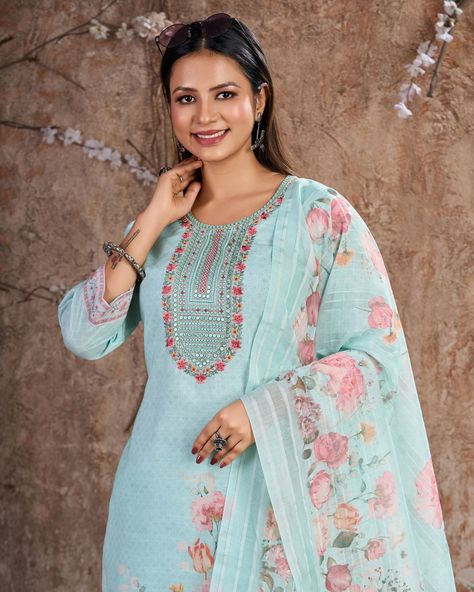 Ethnic Colour Linen Cotton Heavy Embroidered Salwar Kameez With Beautiful Floral Print For Wedding Looks CATALOG: 14228 Price Range Rs. 1739/- Just click on the link for any assistance: https://wa.me/919409462680 #ShortKurti #CasualWear #Fancy #Ethnic #Designer #Kurti #ShortKurti #Smart #Dress #Saree #SalwarKameez #EthnicDress #LoveForEthnic #FestiveWear #Shopping #Family #Gift #Girlish #Wedding #Function #Party #HerDress #Wardrobe #bollywoodstylefile #Gowns #ReadymadeDress #KurtiBottomSe... Sky Blue Dupatta, Salwar Kameez Mens, Patiyala Dress, Embroidered Salwar, Dress Saree, Printed Embroidery, Lehenga Suit, Indian Wedding Outfit, Punjabi Salwar Suits