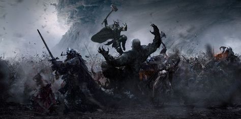 Fall_Of_Gods_Battle_of_Ragnerok Ilustrasi Dan Poster, Arte Viking, Mythological Monsters, Viking Battle, Norse Gods, Viking Life, Concept Art World, Fantasy Battle, Building Art