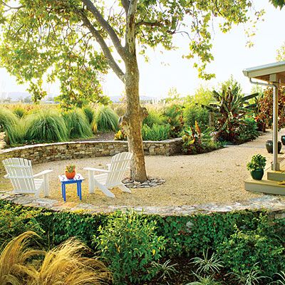 Lose the lawn: Great gardens without turf grass    Shady patio garden    A sycamore takes center stage in this lawnless California yard. Shade created by the tree keeps the patio cool while permeable paving, potted plants, and other design details keep watering to a minimum. Backyard Grass Alternative, Lawn Free Yard, Grass Alternative, Low Water Landscaping, No Grass Backyard, Gravel Patio, Up House, Shade Trees, The Ranch