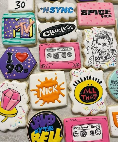 90s Theme Cake Pops, 90s Themed Cookies Decorated, 90s Theme Treats, 90s Decorated Cookies, 90s Sugar Cookies, 90s Cookies Decorated, Lisa Frank Cookies, 90s Theme Cookies, 90s Themed 30th Birthday Party