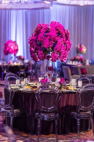 Fuschia Wedding Centerpieces, Wedding Decorations Diy Centerpiece, Fuschia Wedding, Centerpieces For Wedding, Fuchsia Wedding, Purple Wedding Theme, Tall Centerpieces, Bride Magazine, Wedding Inside