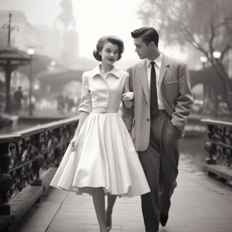 1950s Couples Photoshoot, Couples Fashion Outfits, 50s Couple Aesthetic, 1950s Couple Vintage Romance, Vintage Engagement Photos 1950s, Old Style Couple, Wwii Couples, 80s Couple Photoshoot, Retro Couple Photoshoot