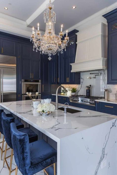 Luxury Farmhouse Kitchen, Bold Backsplash, Kitchen Quartz, Island Farmhouse, Waterfall Island, Farmhouse Sinks, Kitchen Technology, Blue Kitchen Cabinets, Chef's Kitchen