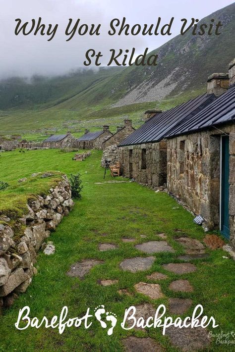 Looking down the "main road" on Hirta, away from the harbour. in the foreground are a neat little row of stone houses and a drystone wall, in the background are rolling hills and mist St Kilda Scotland, St Asaph North Wales, North Coast 500 Scotland, Dunnotar Castle Scotland, Saint-gaudens National Historic Site, Outer Hebrides, Scottish Islands, St Kilda, Remote Island