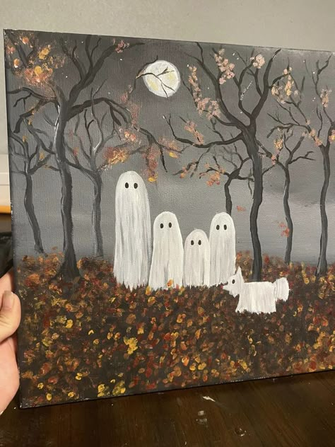 Crafty Fun Group | I tried with a ghostly family portrait lol October Painting Ideas Easy, Easy Things To Paint Halloween, Painting Family Ideas, Seasonal Painting Ideas, Fun Things To Paint On, Canvas Party Ideas, Fall Art Projects For Adults, Boyfriend Painting Ideas Canvas Art, Random Things To Paint On