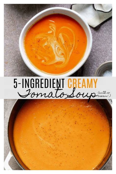 5-Ingredient Creamy Tomato Soup Recipe: With NO cream!! So luxurious, so quick and easy! Easy Tomato Soup Recipes Quick, 5 Ingredient Tomato Soup, Tomato Soup With Carrots, 5 Ingredient Soup, Creamy Tomato Soup Recipe, Soup Maker, Quick And Easy Soup, Creamy Tomato Soup, Tomato Soup Recipes