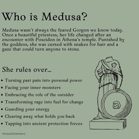 Ready to dive deep into the myths of Medusa? 🐍✨ She’s more than just a monster – she’s a symbol of transformation, power, and protection. Swipe through to see how you can work with her energy and tap into your inner strength⚡️ I’m going LIVE tomorrow (Thursday) at 6pm EST on the group to chat about Medusa, her lore, and my personal experiences working with her. Plus, we’ll open up the floor for a Q&A on any topic! Drop JOIN in the comments for the link👇 #Medusa #medusagorgon #greekmythology... How To Worship Medusa, Medusa Correspondences, Medusa Altar Ideas, Working With Medusa, Medusa Witchcraft, Medusa Offerings, Medusa Worship, Medusa Symbolism, Medusa Aesthetic Art