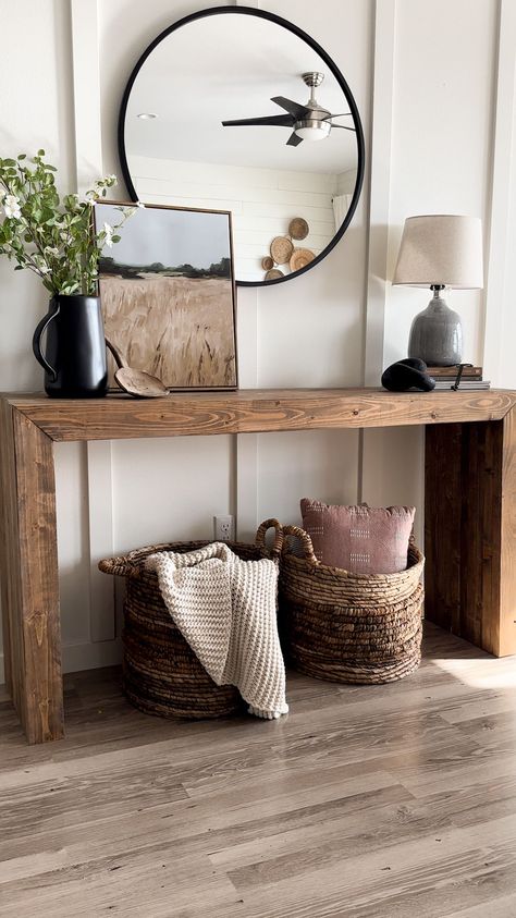 DIY entry table styled Boho Farmhouse Entryway Table, Front Door Tables Entryway, Wooden Entry Way Table, This Entry Way Table, Entrance Way Console Table, Chair And Console Table, Simple Wood Console Table, Rustic Wood Console Table Entryway, Console Table Restoration Hardware