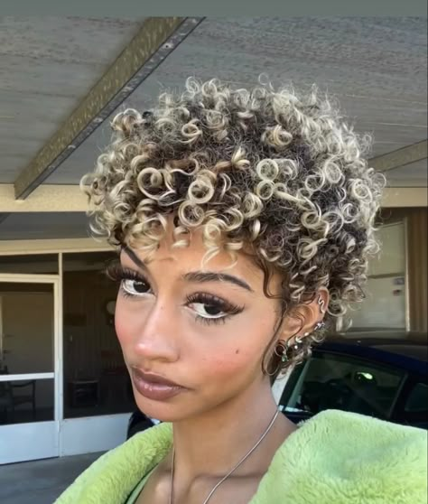 Short Curly Blonde Highlights, Frosted Tips Curly Hair, Short Curly Hair Blonde Highlights, Short Black Curly Hairstyles, Short Curly Hair Blonde, Blonde Short Curly Hair, Bold Hair Color Ideas, Color Ideas For Curly Hair, Ideas For Curly Hair