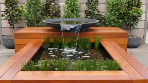 Water Feature Ideas for a Small Garden Garden Pond Waterfall, Pond Waterfall Ideas, Waterfall Ideas, Modern Water Feature, Kolam Koi, Taman Air, Outdoor Water Features, Small Water Features, Pond Waterfall